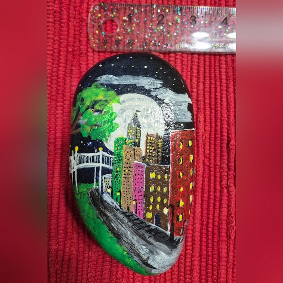 Hand-Painted Cityscape Art Painted Stone Rock - Picture 2 of 4